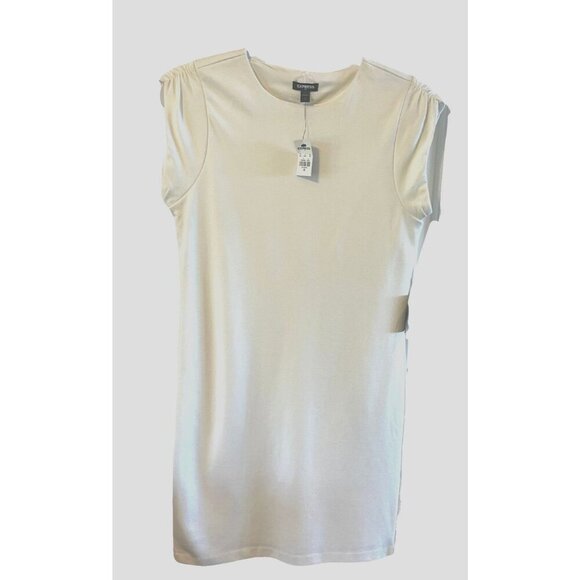 NWT Express Draped ruched cap sleeve Midi Sheath Dress Ivory XS Office work - Picture 1 of 6